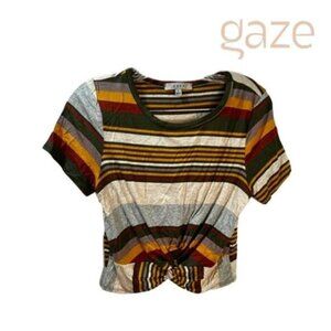 GAZE Women's Front Twist Short Sleeve Stripe Crop‎ T-Shirt Tops Blouse